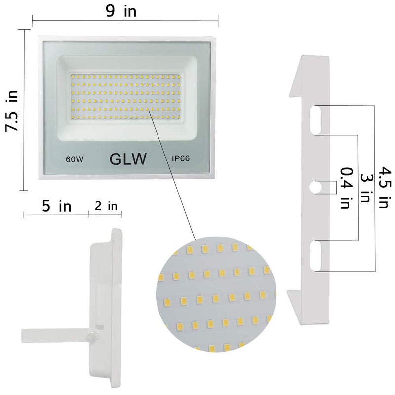 GLW ضوء الفيض GLW 60W خارجي IP66 مقاوم للماء، 6000LM 3000K ضوء LED دافئ للحديقة، الفناء، الممر والمزيد [عبوة 2] - Image 4